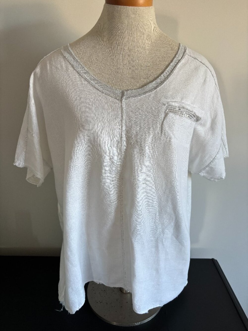 NWOT - Made In Italy White Top with Sequin Front Pocket and Glitz and Glam